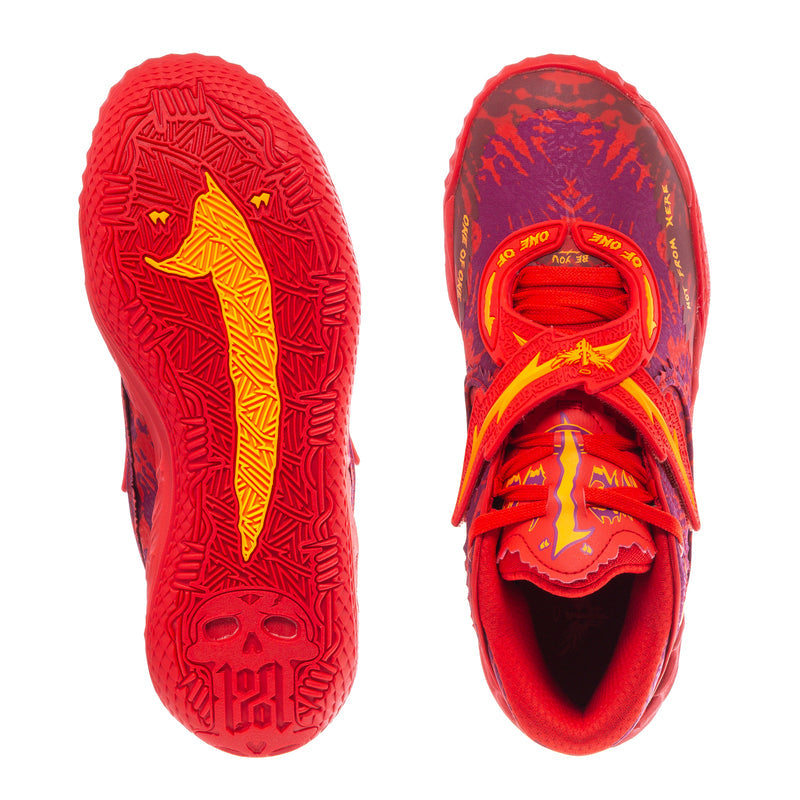 Red sneaker outsoles and toe opening view, purple upper with neon yellow logo.