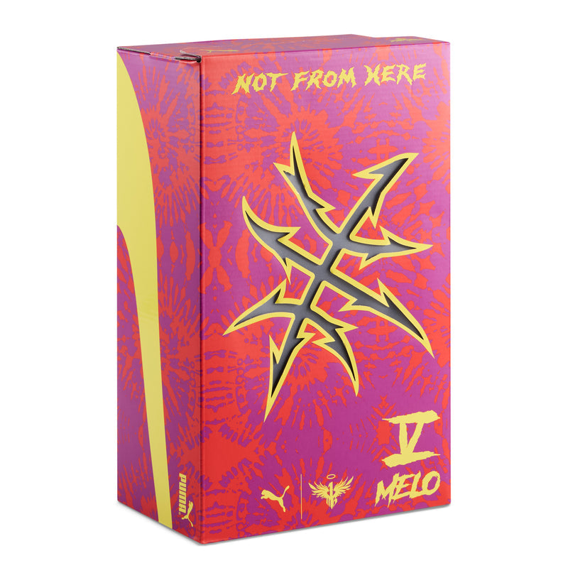 Shoebox with star graphic and METO logo, purple and yellow artwork.