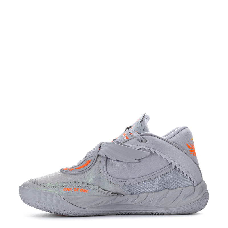 Light gray men’s sneaker side view with orange and neon accent overlays
