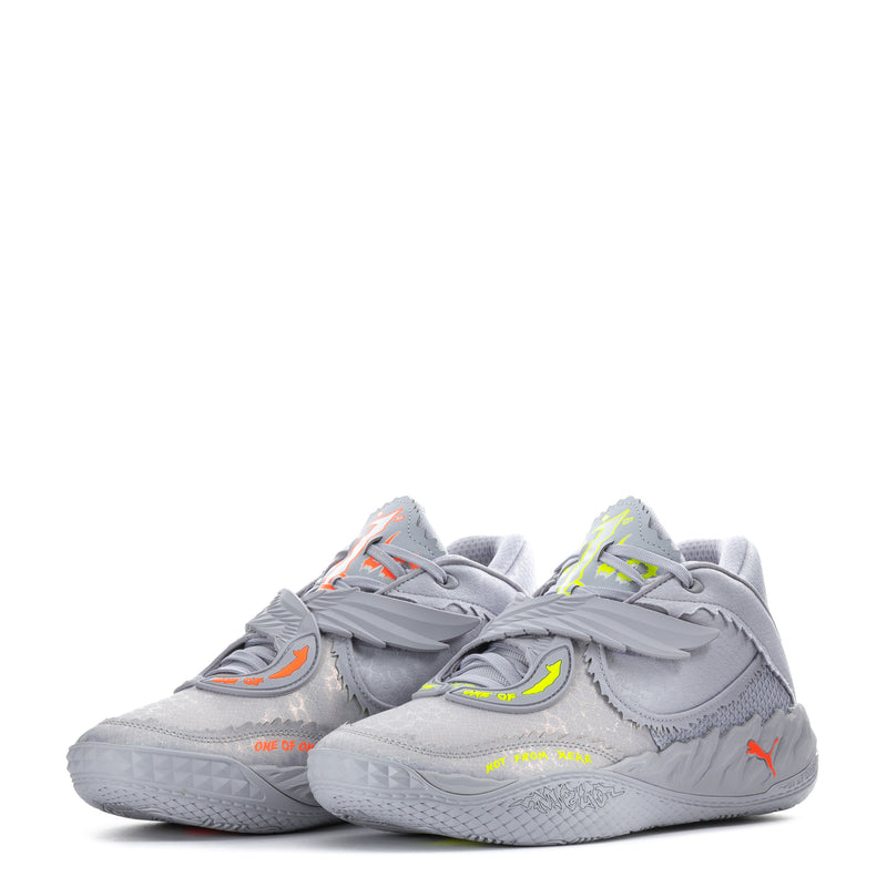 Pair of light gray men’s sneakers with neon green and orange logo details