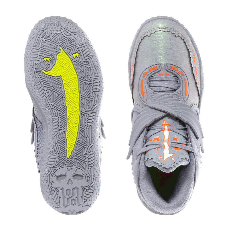 Men’s gray sneakers soles shown: textured tread with neon yellow and orange highlights