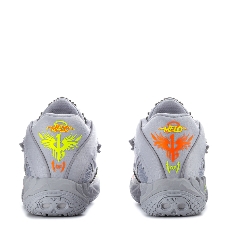 Back view of light gray men’s sneakers with neon yellow and orange heel graphics