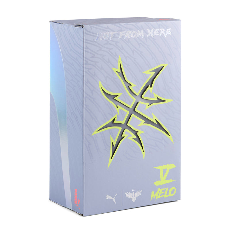 Light gray sneaker box with neon yellow graphic logo and “MELO” branding