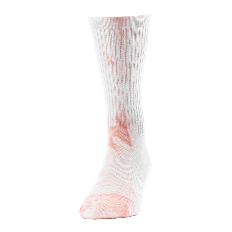 Medium crew sock with muted peach tie-dye pattern, ribbed knit and cushioned sole