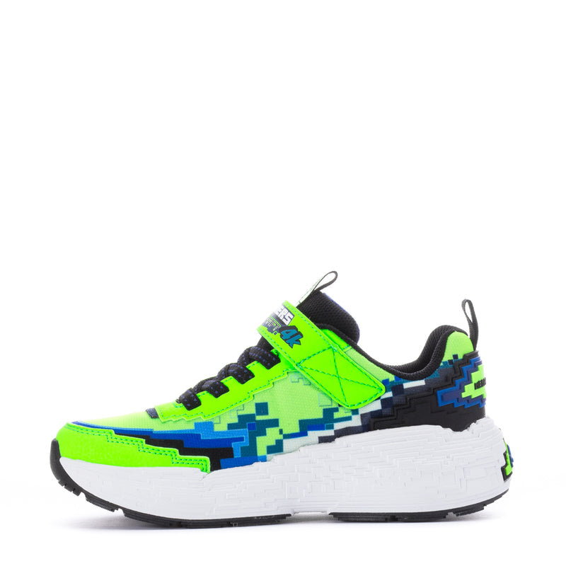 Kids lime green and black sneakers with blue pixel side panel and strap
