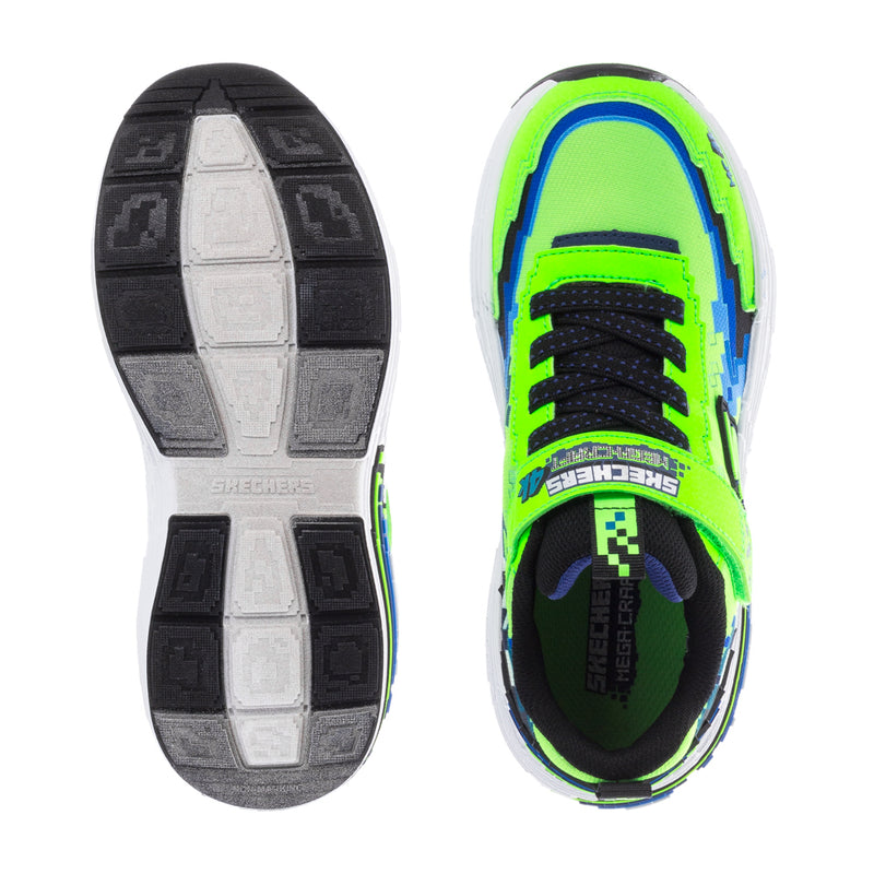 Kids sneakers outsole view with lime green and blue trim and black tread