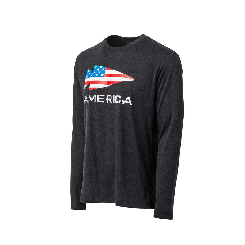 Men's America Long Sleeve - Tri-BlendX features an American flag graphic and "America" on the front; crafted for comfort and durability.