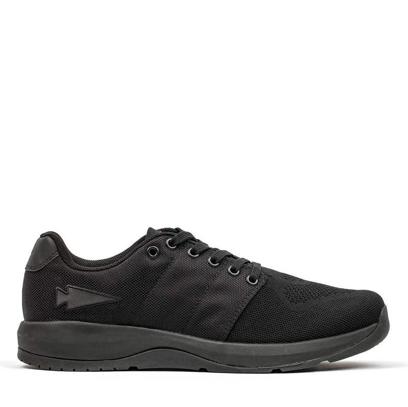 GORUCK black rucking shoe with durable mesh upper and arrow logo, side profile view