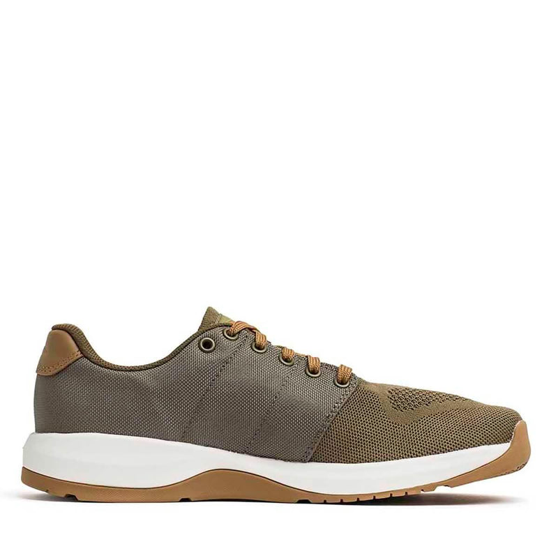GORUCK Ballistic Trainer in ranger green with coyote brown and white sole, side view