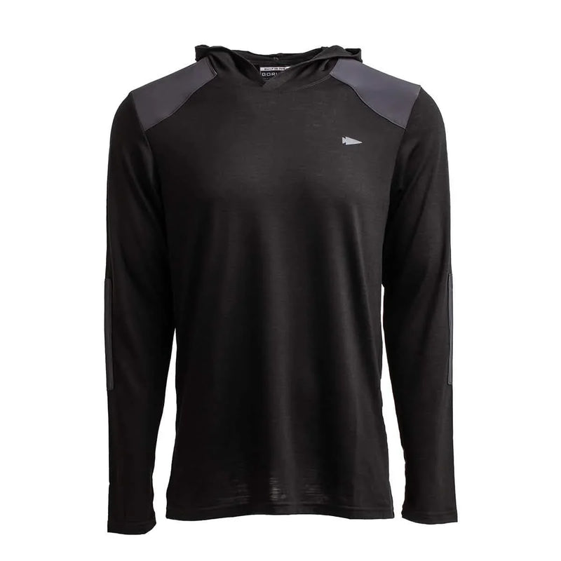 GORUCK black hoodie front view, long sleeves, reinforced shoulders, athletic rucking gear