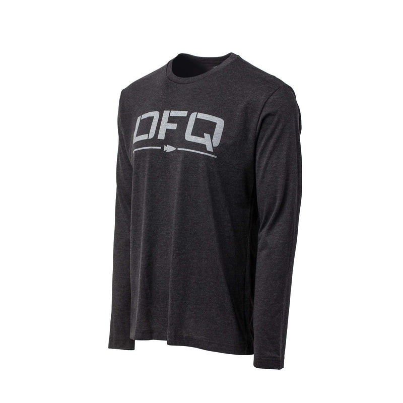 The Men's DFQ Long Sleeve - Tri-BlendX is a dark gray shirt with "DFQ" and an arrow graphic in white on the front, made from premium antimicrobial tri-blend fabric for comfort and freshness.