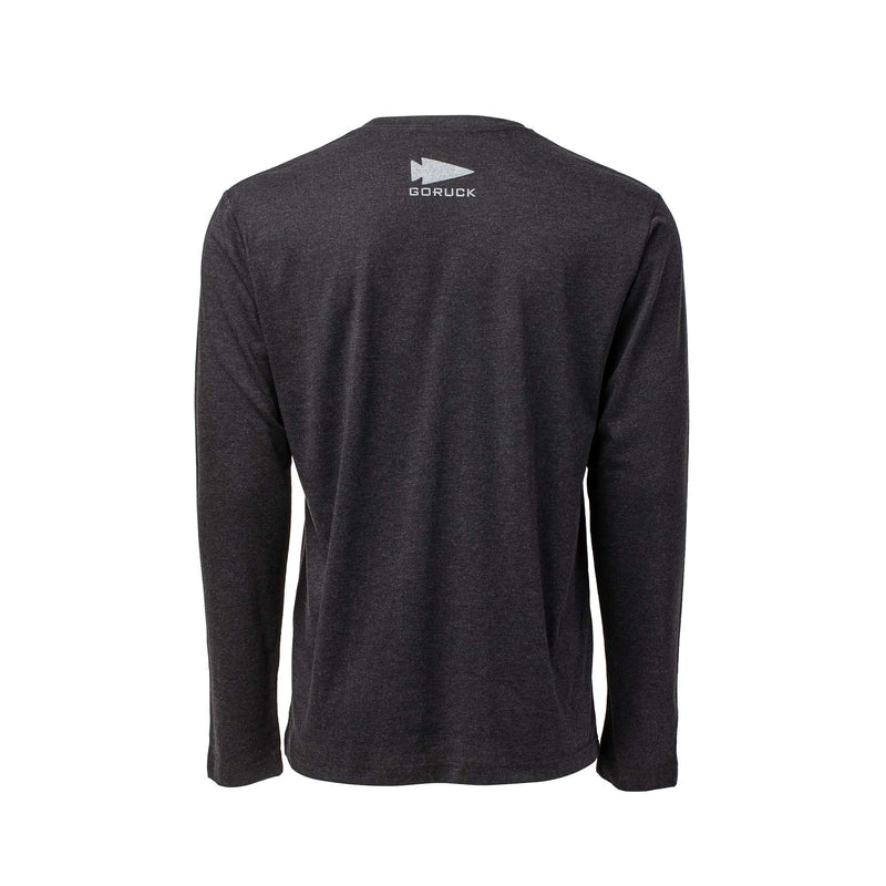 Back view of the Men's DFQ Long Sleeve - Tri-BlendX in dark gray, featuring premium tri-blend fabric and a small "GORUCK" logo near the neckline.