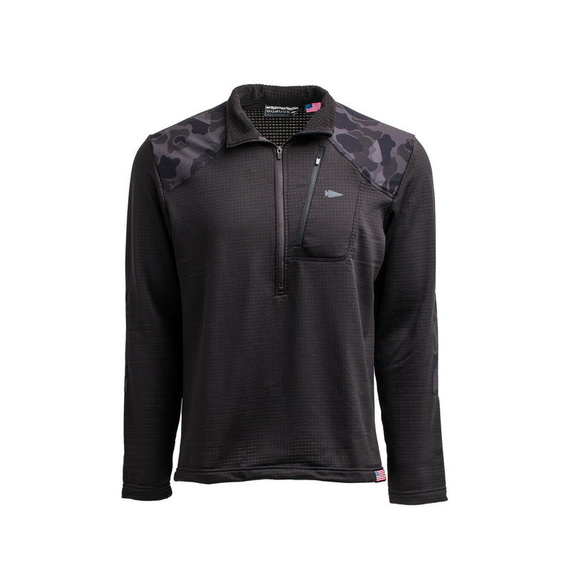 GORUCK black indestructible Grid Fleece half zip pullover with black Frogskin camo accents
