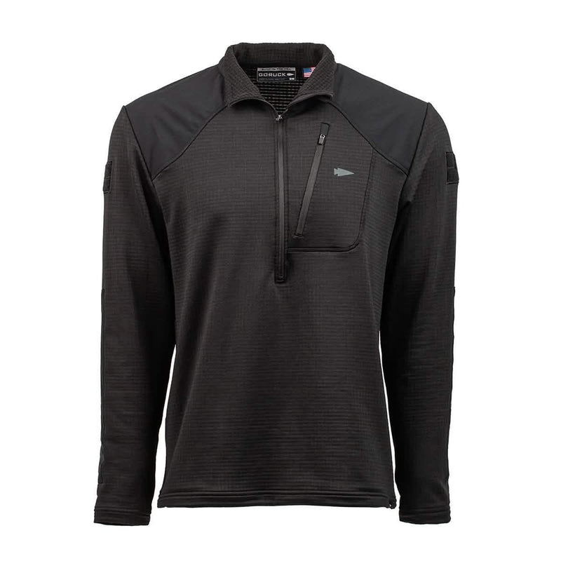 Men’s Half Zip - Polartec Grid Fleece in black, featuring a fleece lining, quarter-zip neckline, and chest zipper pocket, shown on a white background.