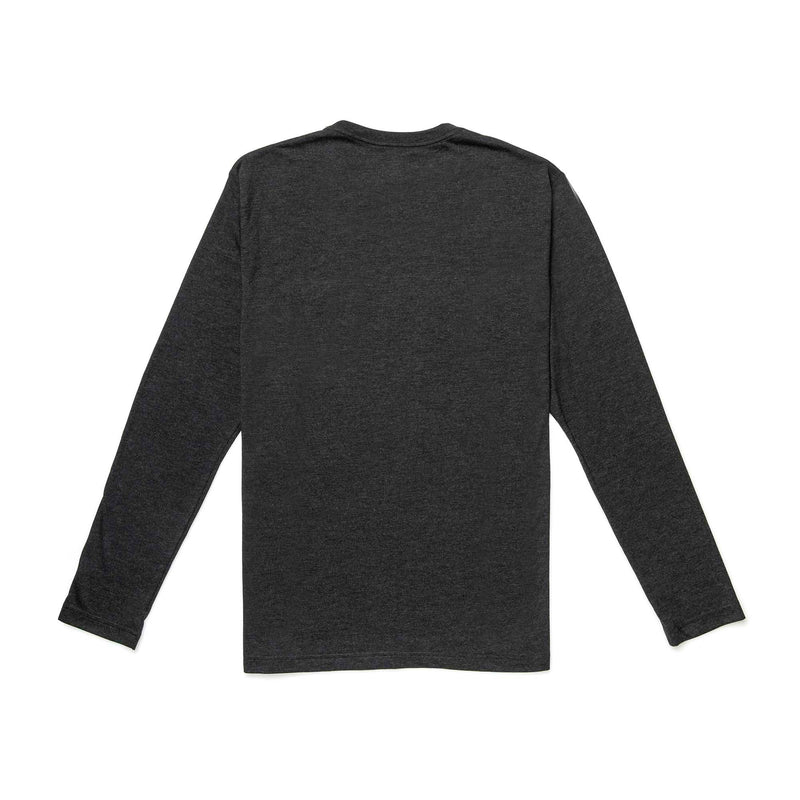 GORUCK men's black long sleeve triblend shirt, back view, laid flat on white background