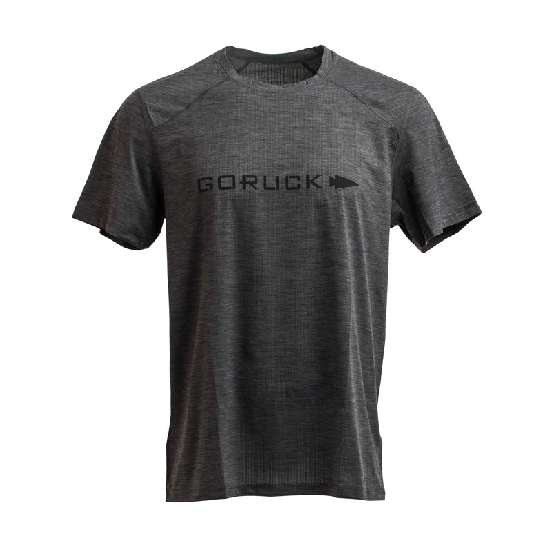 GORUCK men's dark grey performance tee, size L, short sleeve, Vietnam made, front view