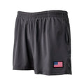 Men’s USA Training Shorts - Florida Flag, made from durable ToughStretch fabric with a Florida flag patch on the lower left leg—ideal gym training shorts, shown in dark gray against a white background.