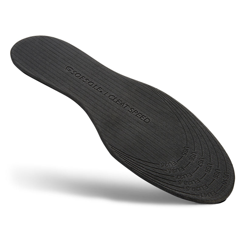 Black mens cleat speed sports insole with embossed branding and curved profile