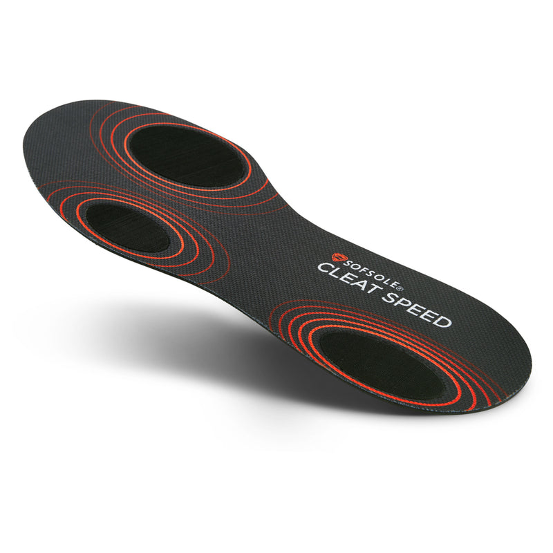 Black mens cleat speed sports insole with red spiral-style comfort patterns
