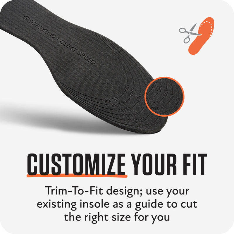 Black mens cleat speed sports insole close-up with embossed logo and texture