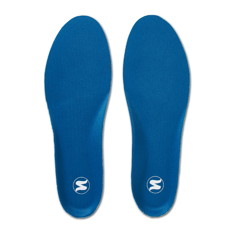 Blue sport insoles with white logo on heel, two-piece set shown from top