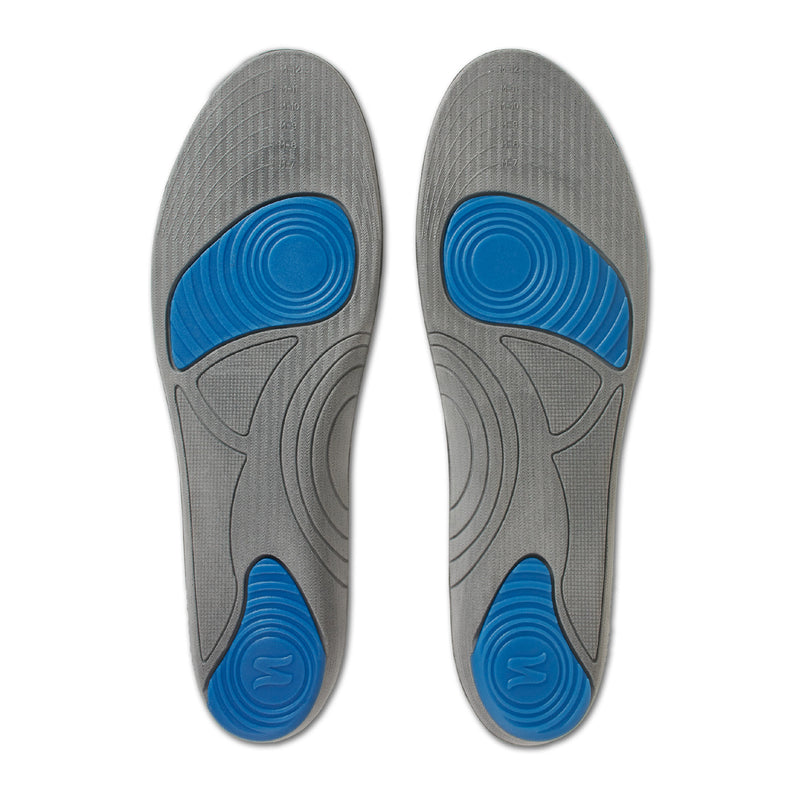 Gray sport insoles with blue support pads and contoured arch grooves, pair