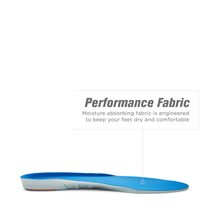 Blue sport insole with gray underside, performance fabric moisture-wicking panel