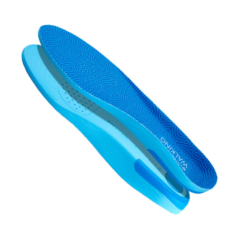 Blue walking insole in profile, curved arch and textured underside