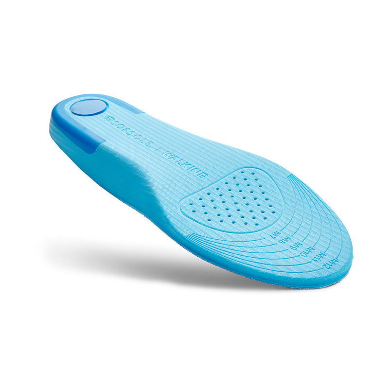Blue walking insole with perforated center pad and raised heel cup