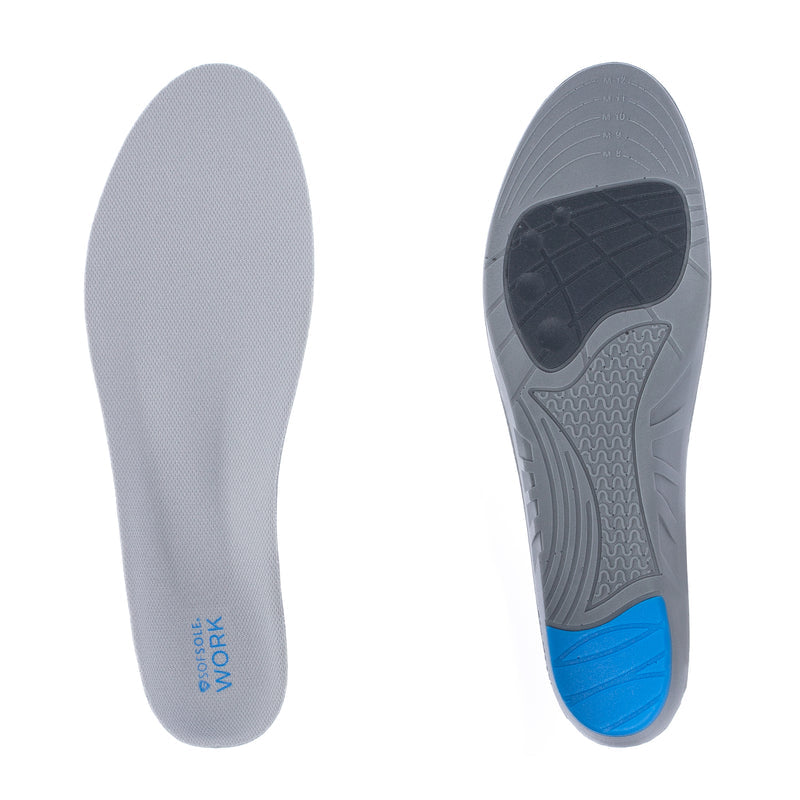 Men's work insole in gray with blue heel pad; textured underside arch support