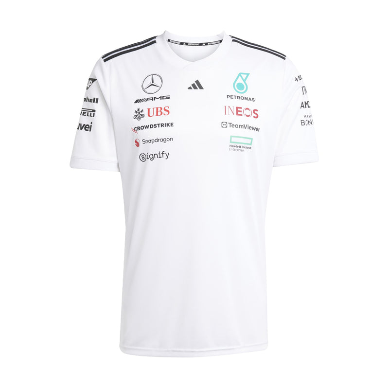 Men's white replica football jersey with black collar and sleeve stripes, crest logos.