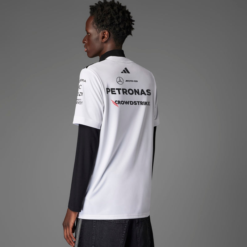 Back of men's white replica football jersey with black shoulder stripe and PETRONAS logo.