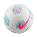 White soccer ball with teal graphics and pink Nike swoosh, Mercurial fade design