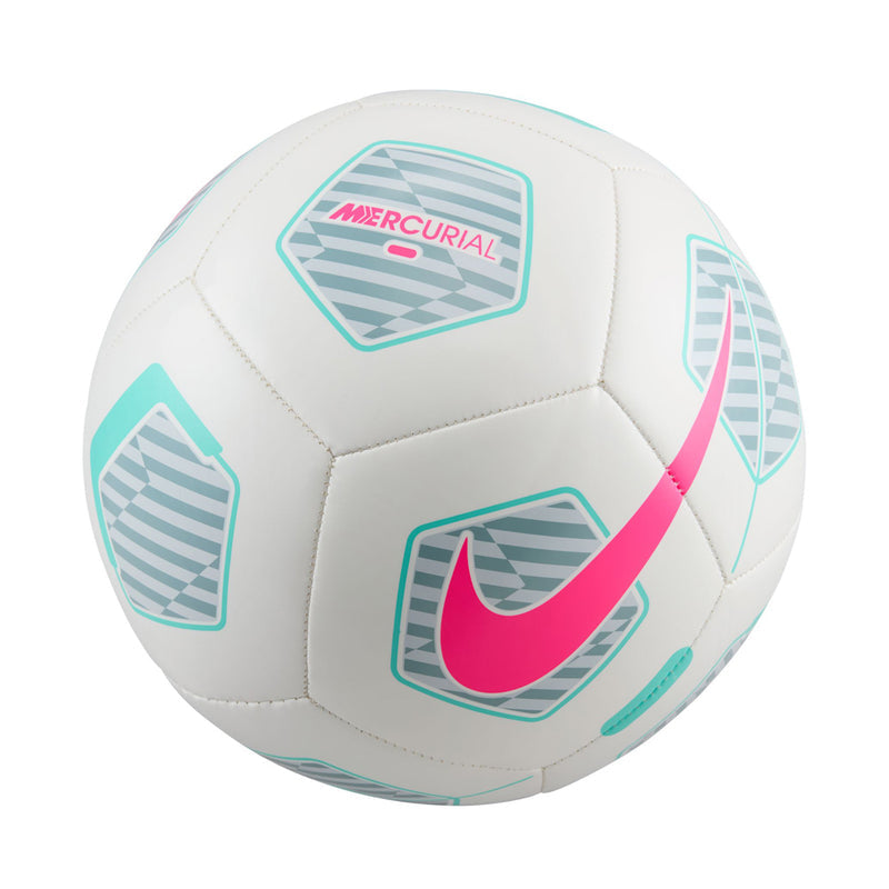 White soccer ball with teal graphics and pink Nike swoosh, Mercurial fade design
