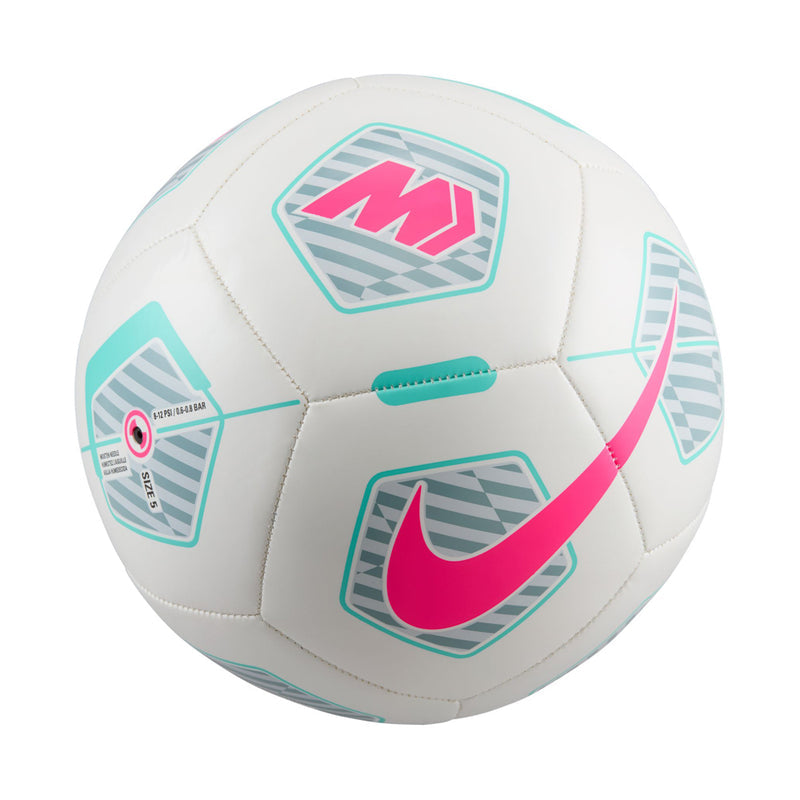White soccer ball with teal checkered panels and pink Nike swoosh, Mercurial fade