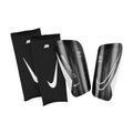 Black shin guard sleeves with white logo, pair of protective covers