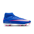 Blue and pink high-top soccer cleats with white swoosh and pink/white studs, FG/MG.