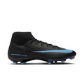 Men's black soccer cleat with light blue swoosh and molded blue studs