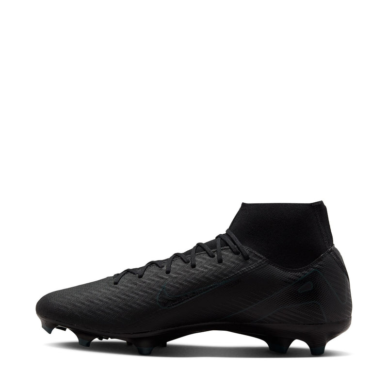 Men's black soccer cleats, side profile, black laces and molded toe studs