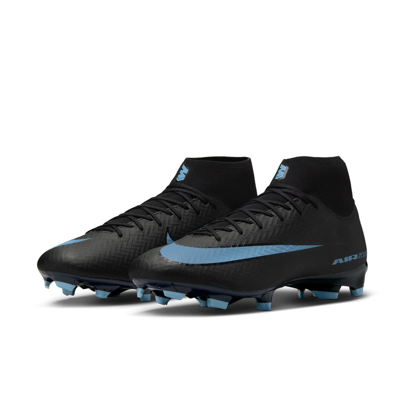 Men's black high-top soccer cleats with light blue accents and blue outsole studs