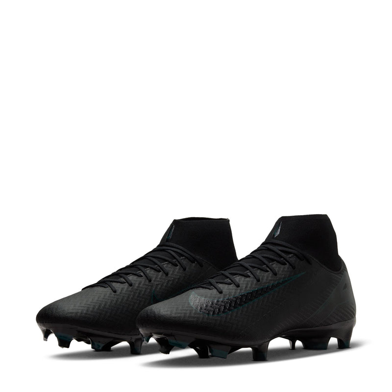 Men's black soccer cleats pair, laced mid-top with teal accents and molded studs