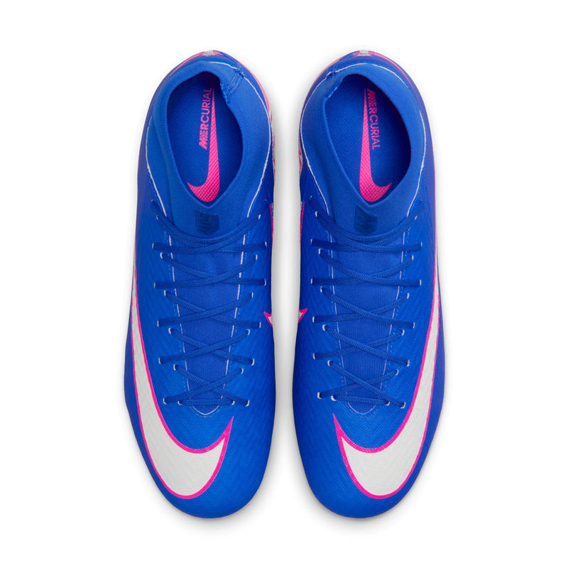 Two blue high-top soccer cleats with lace-up uppers and white swoosh, pink accents.