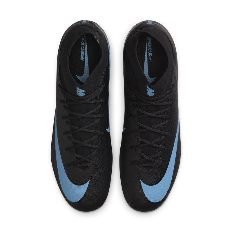 Pair of men's black soccer cleats with light blue Nike swoosh and laces