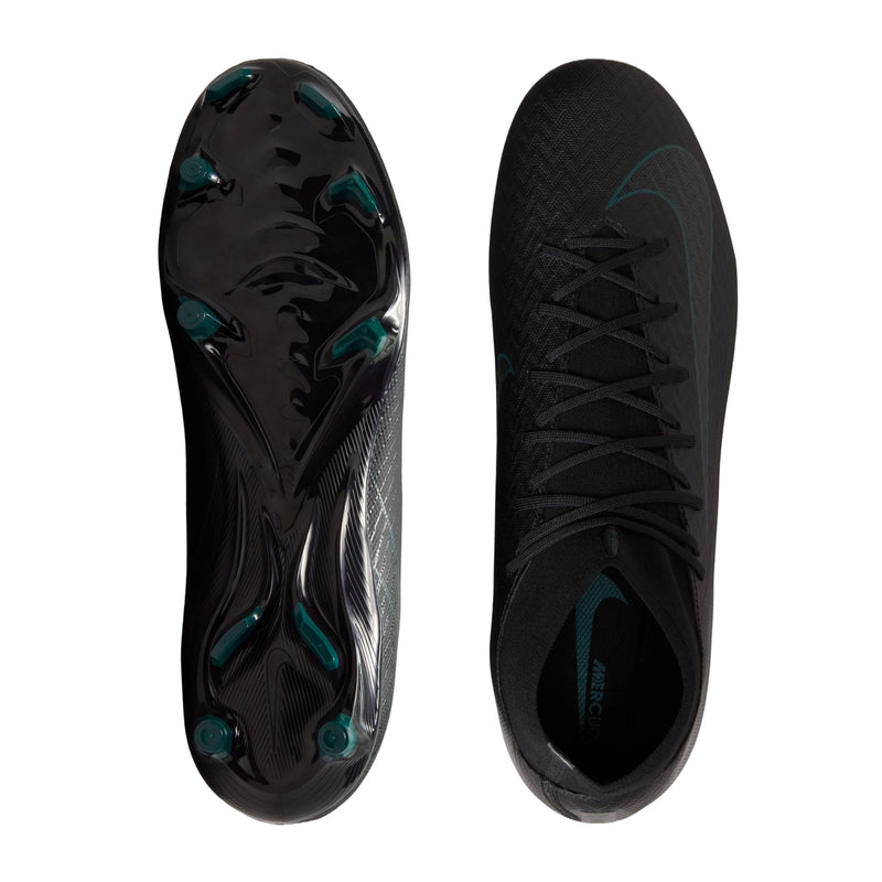 Pair of black soccer cleat outsoles with teal-tinted studs and black laces