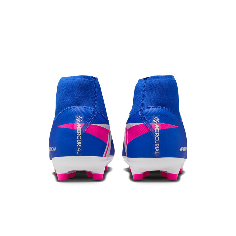 Back view of blue high-top soccer cleats with pink/white heel detailing and pink/white studs.