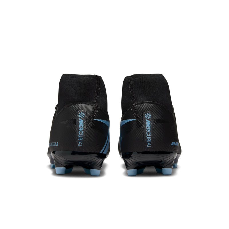 Men's black soccer cleats rear view with blue outsole studs and light blue details