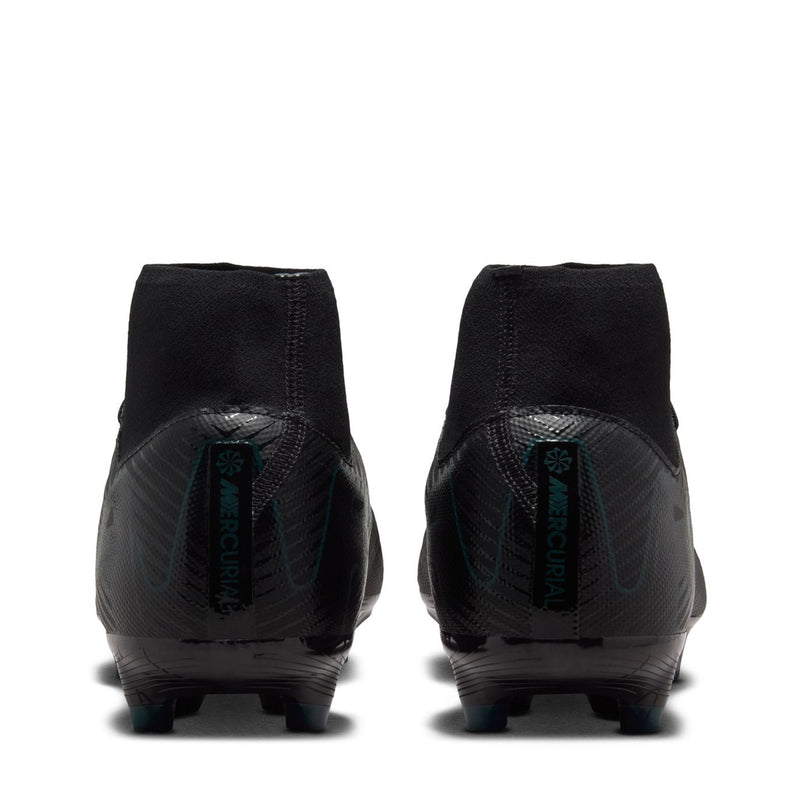 Men's black soccer cleats, heel view with Superfly branding and molded studs