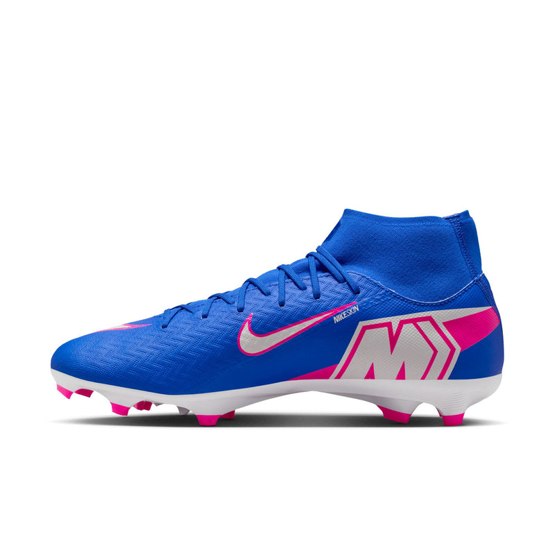 Blue high-top soccer cleat with pink swoosh and side graphic, white sole, pink/white studs.