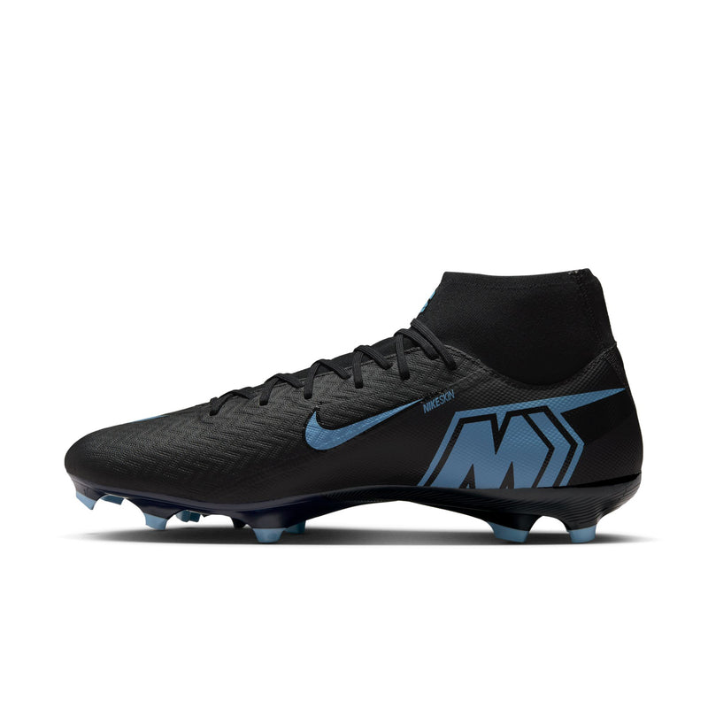 Men's black soccer cleat with light blue swoosh and large M-style logo