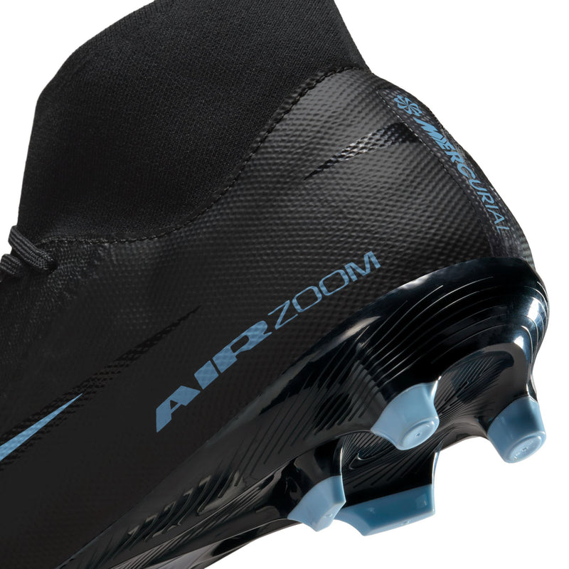 Close-up of men's black cleat side with 'AIR ZOOM' and light blue stud plate